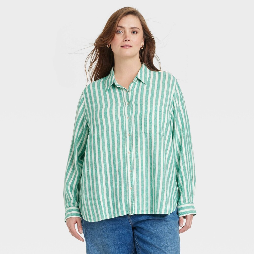 Long Sleeve Collared Linen Button-Down Shirt - Green/White Striped